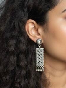 Silver weave drop earrings in oxidised finish