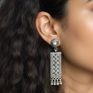 Silver weave drop earrings in oxidised finish