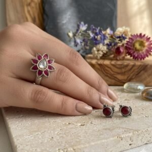 Bohemian Ruby-Tone Petal Statement Ring in 925 silver