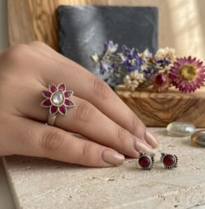Bohemian Ruby-Tone Petal Statement Ring in 925 silver