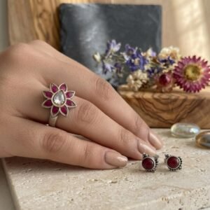 Bohemian Ruby-Tone Petal Statement Ring in 925 silver