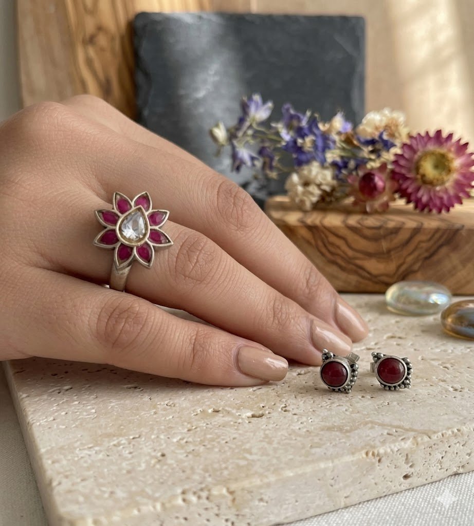 Bohemian Ruby-Tone Petal Statement Ring in 925 silver