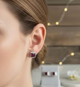 Red garnet square studs in casted silver