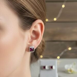 Red garnet square studs in casted silver