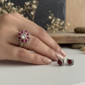 Bohemian Ruby-Tone Petal Statement Ring in 925 silver