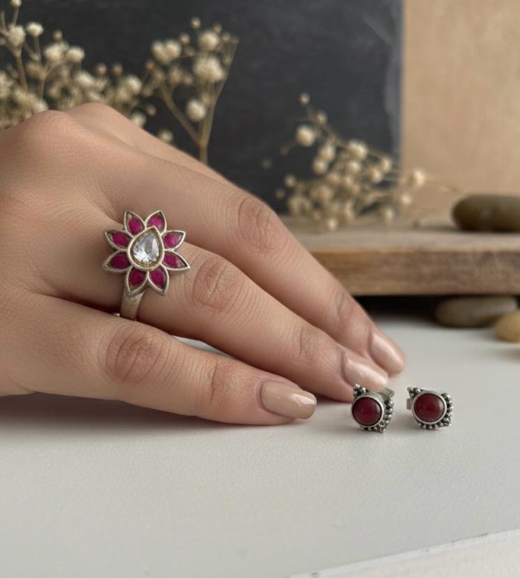 Bohemian Ruby-Tone Petal Statement Ring in 925 silver