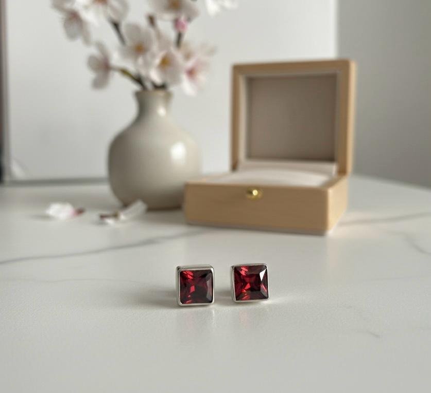 Garnet Red princess cut studs in 925 silver