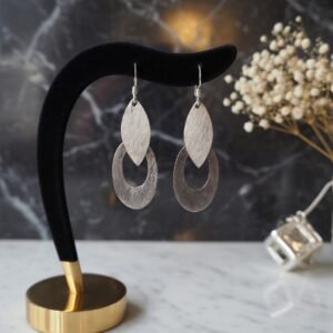 Dual Tone Leaf & Hoop Silver Statement Dangle Earrings