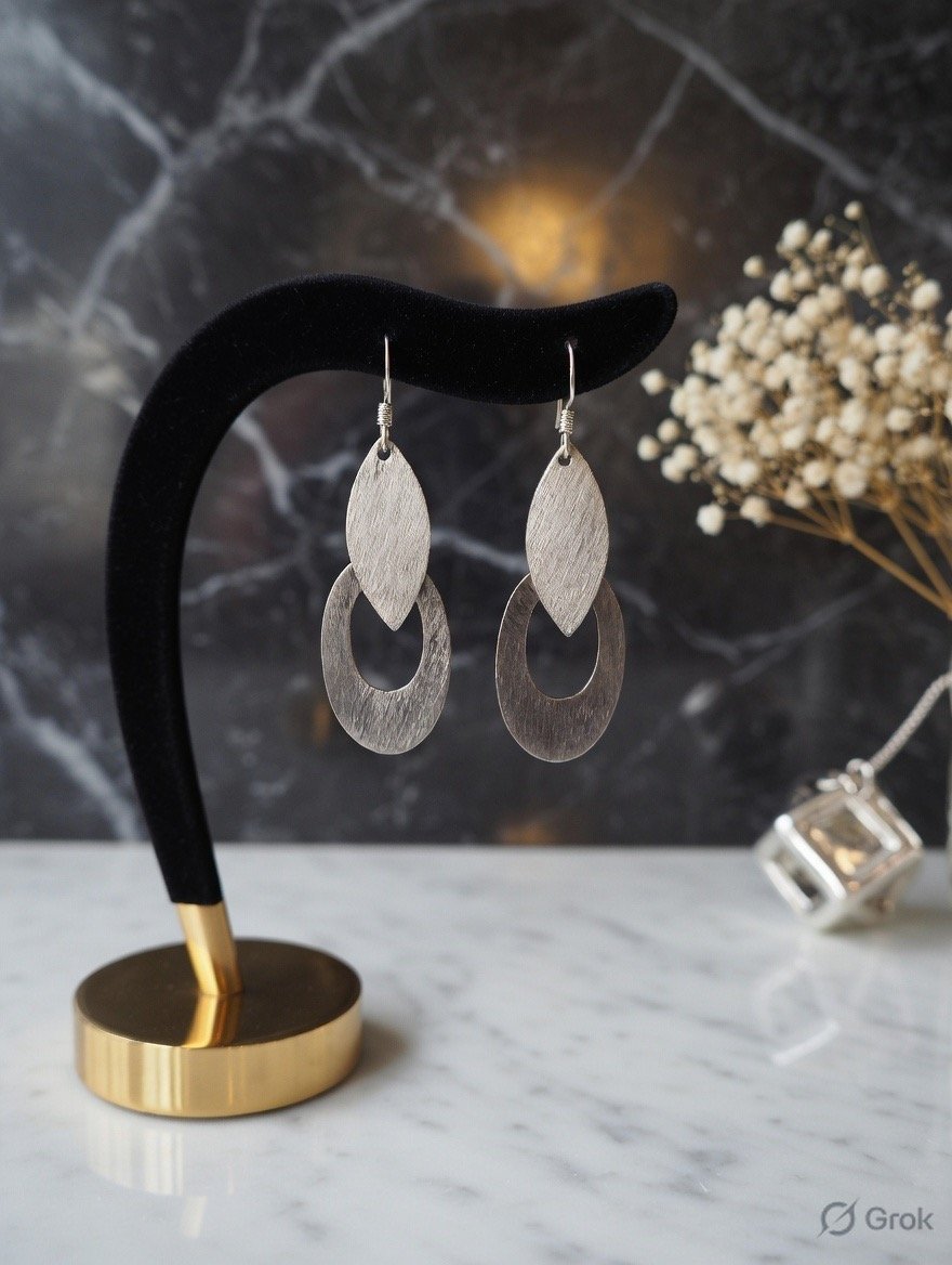 Dual Tone Leaf & Hoop Silver Statement Dangle Earrings