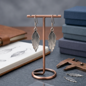 Silver feather earrings on rustic backdrop