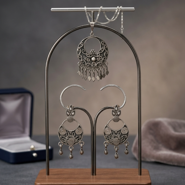 Oxidised Silver Boho Chandbali Pendant & Earrings Set