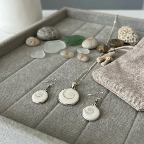 Shiva Eye Shell Pendant Necklace & Drop Earrings Set