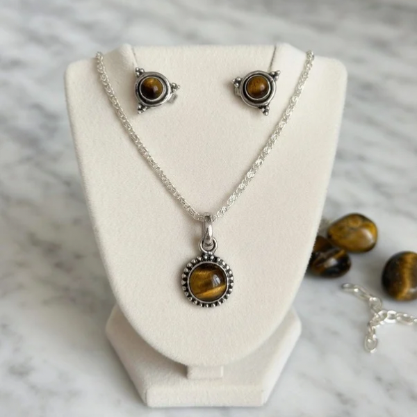 Tiger Eye Stone Silver Pendant Necklace Set