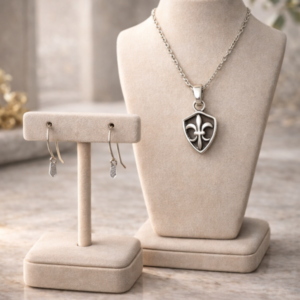 Fleur-de-Lis Shield Pendant Necklace & Drop Earrings Set
