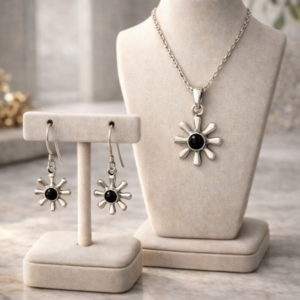 Black Onyx Sunburst Pendant Necklace & Drop Earrings Set