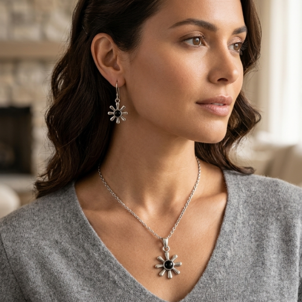 Black Onyx Sunburst Pendant Necklace & Drop Earrings Set - Image 2