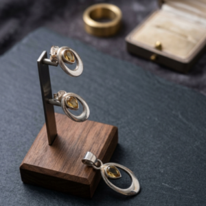 Minimalist Silver Halo Citrine Pendant & Stud Earrings Set