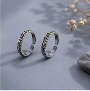 Obsidian Braided 925 Sterling Silver Toe Ring Set