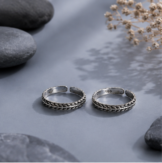 Obsidian Braided 925 Sterling Silver Toe Ring Set - Image 3
