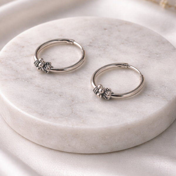 Minimalist Silver Hoop Earrings with Beaded Accent