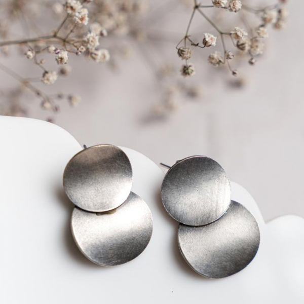 Matte Silver Double Disc Drop Earrings