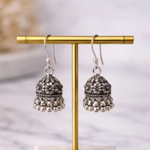 Oxidised Silver Floral Dome Jhumka Earrings with Ghungroo Drops