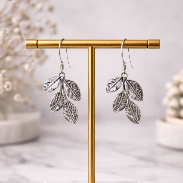 Oxidised Silver Leaf Drop Earrings