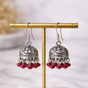 Oxidised Silver Engraved Jhumka Earrings with Red Bead Drops