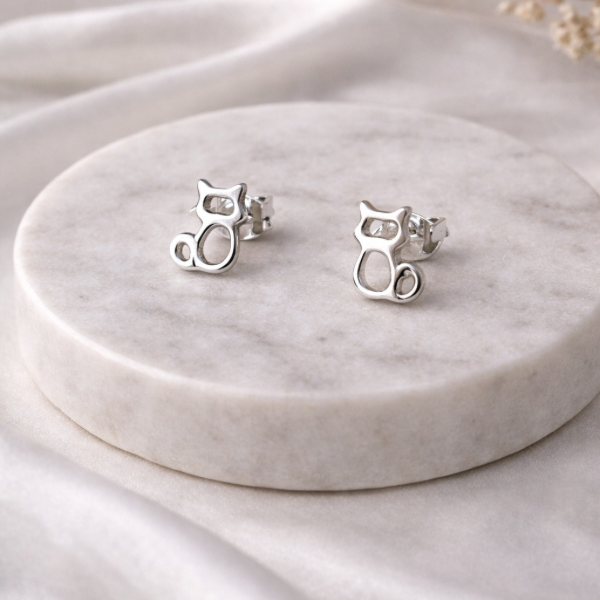 Whimsical Kitty Silhouette Sterling Silver Studs