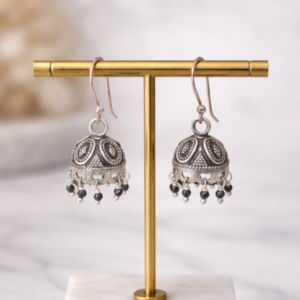 Oxidised Silver Dome Jhumka Earrings with Black Bead Drops