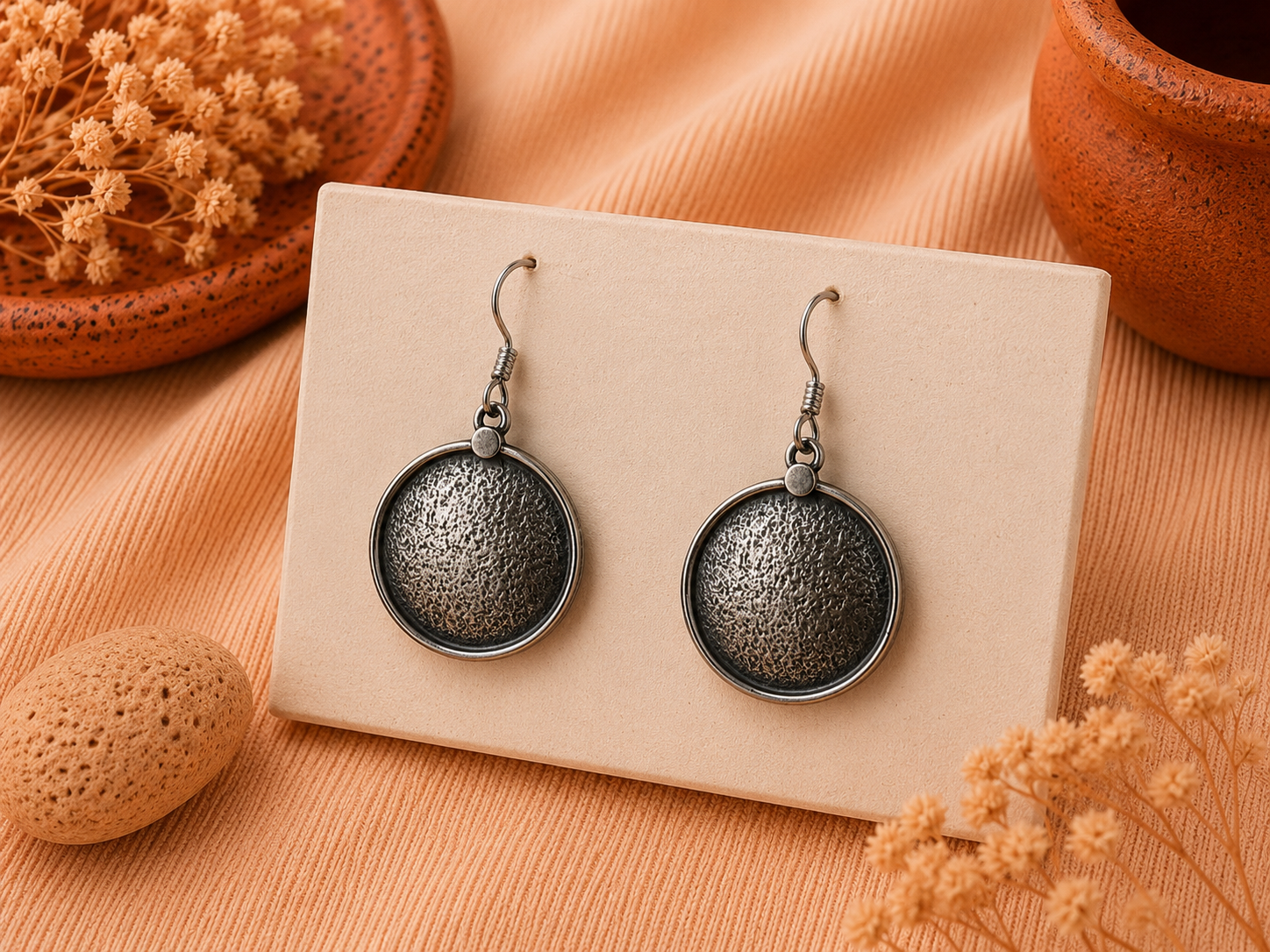 Rustic Hammered Disc Drop Earrings – 925 Sterling Silver