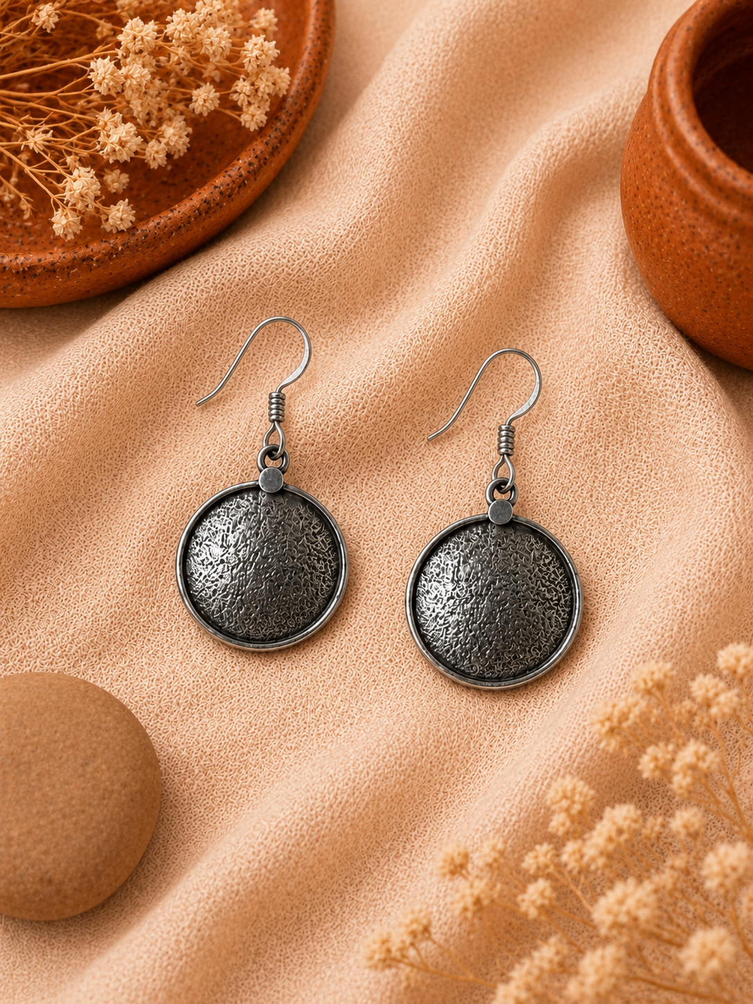Rustic Hammered Disc Drop Earrings – 925 Sterling Silver